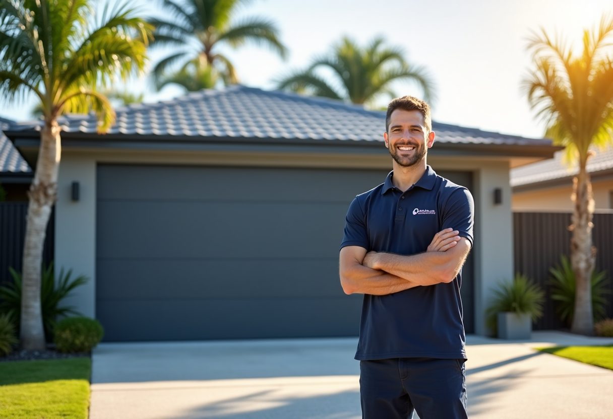 Technician beside a newly installed sectional garage door — Mermaid Beach